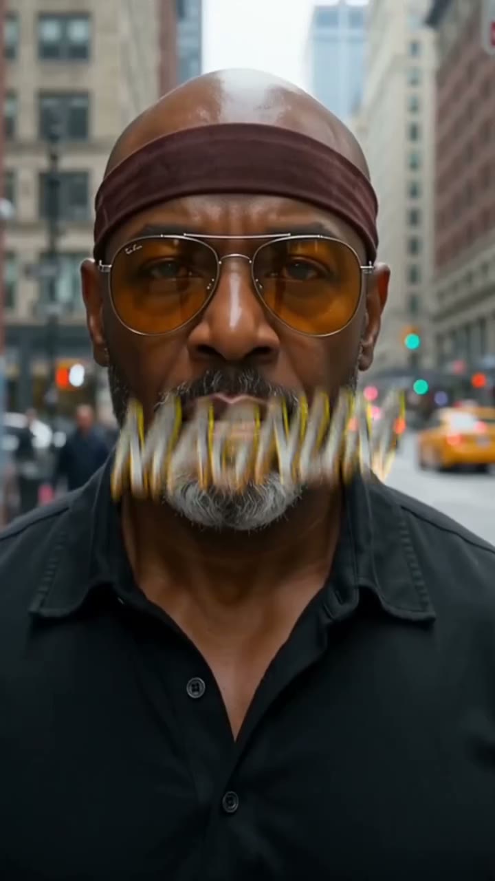 Still from the Soul Circuit trailer: Magnum Opus Brown walking toward the camera on a city street, amber sunglasses, the words Magnum Opus Brown across the frame